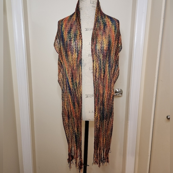Vintage chevron rainbow knit fringe scarf - Picture 1 of 8